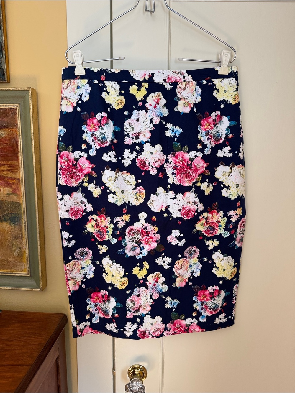 Floral Pencil Skirt in Navy with Pink & Yellow Blooms